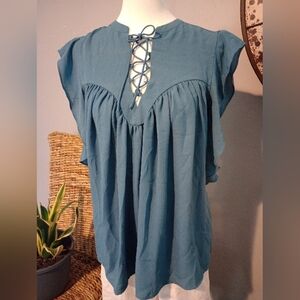 Belle & Sky Teal Blue Ruffled Semi-Sheer Blouse Size Medium